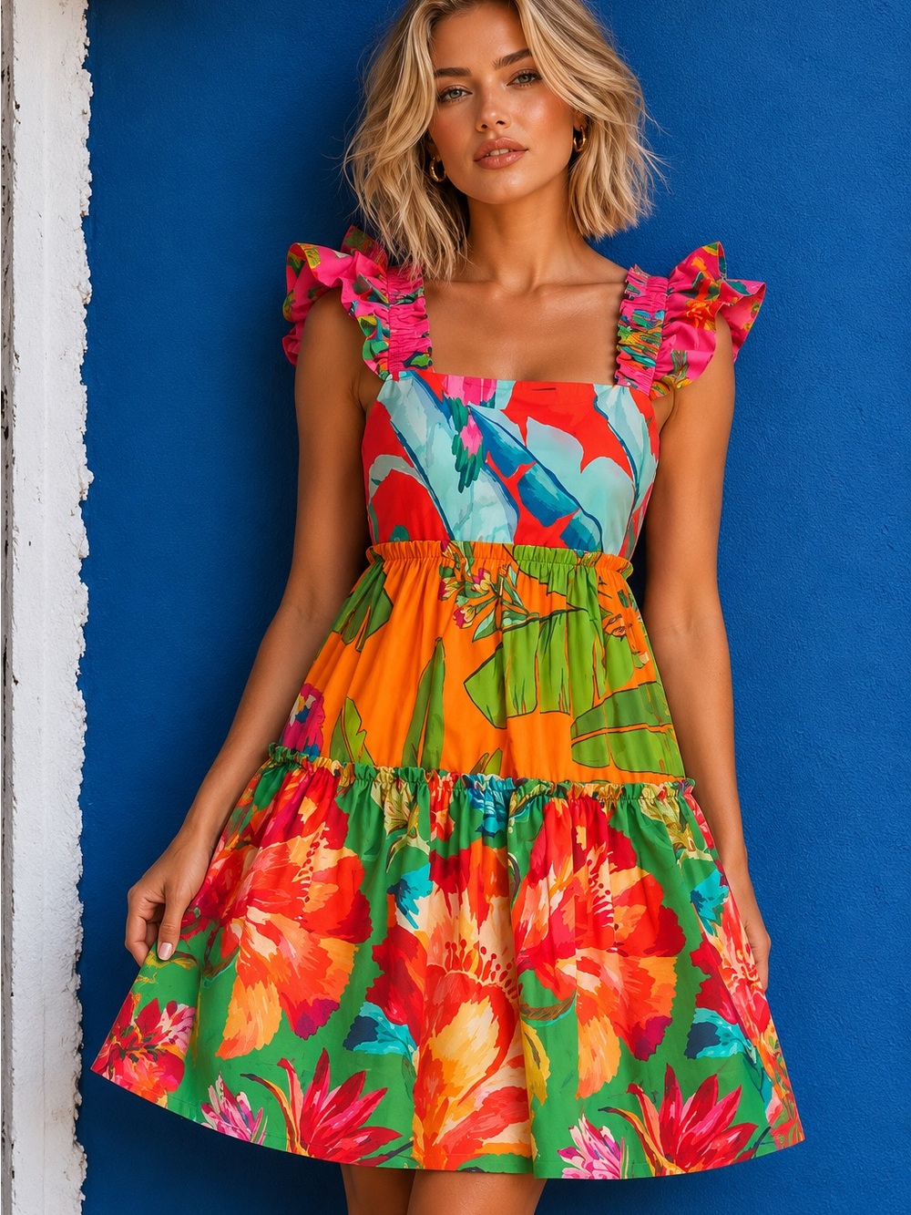Farm Rio Foliage Mix Tropical Mini Dress Ruffle Strap Resort Dress Size L